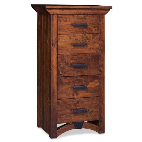A wooden chest of drawers with metal handles on a white background