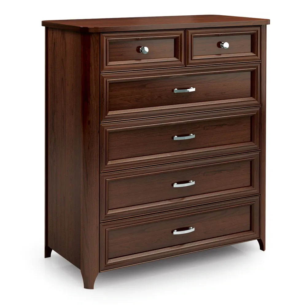 A wooden chest of drawers with five drawers on a white background.