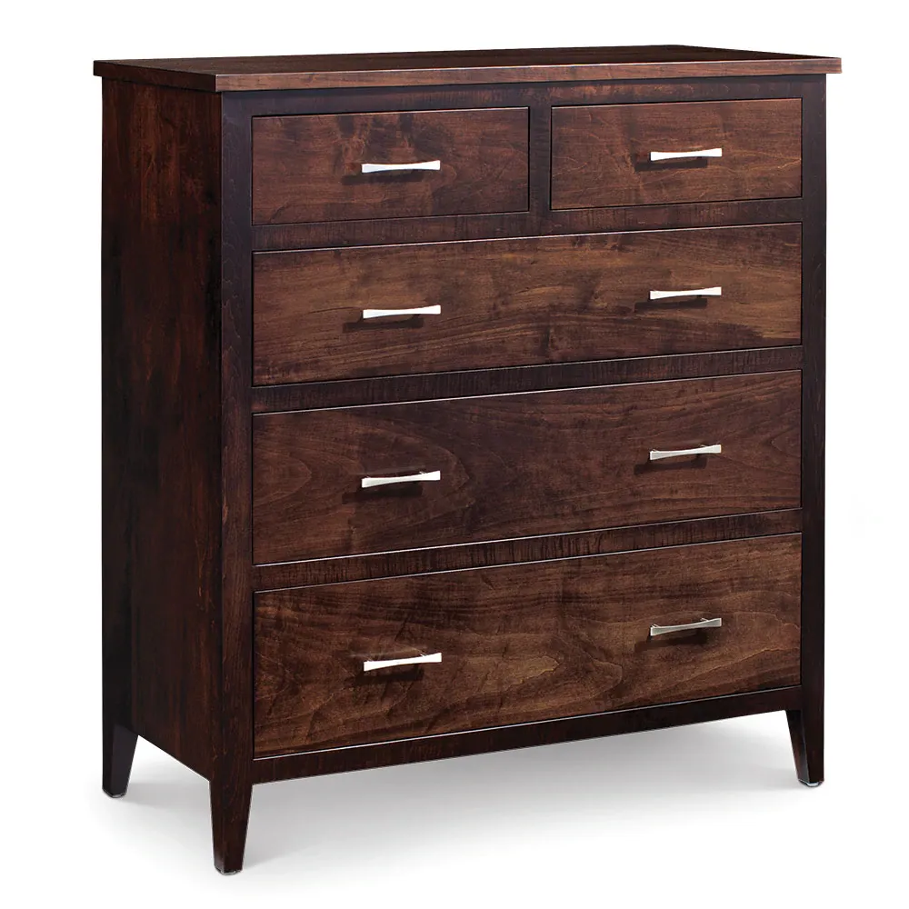 A wooden chest of drawers with five drawers on a white background.