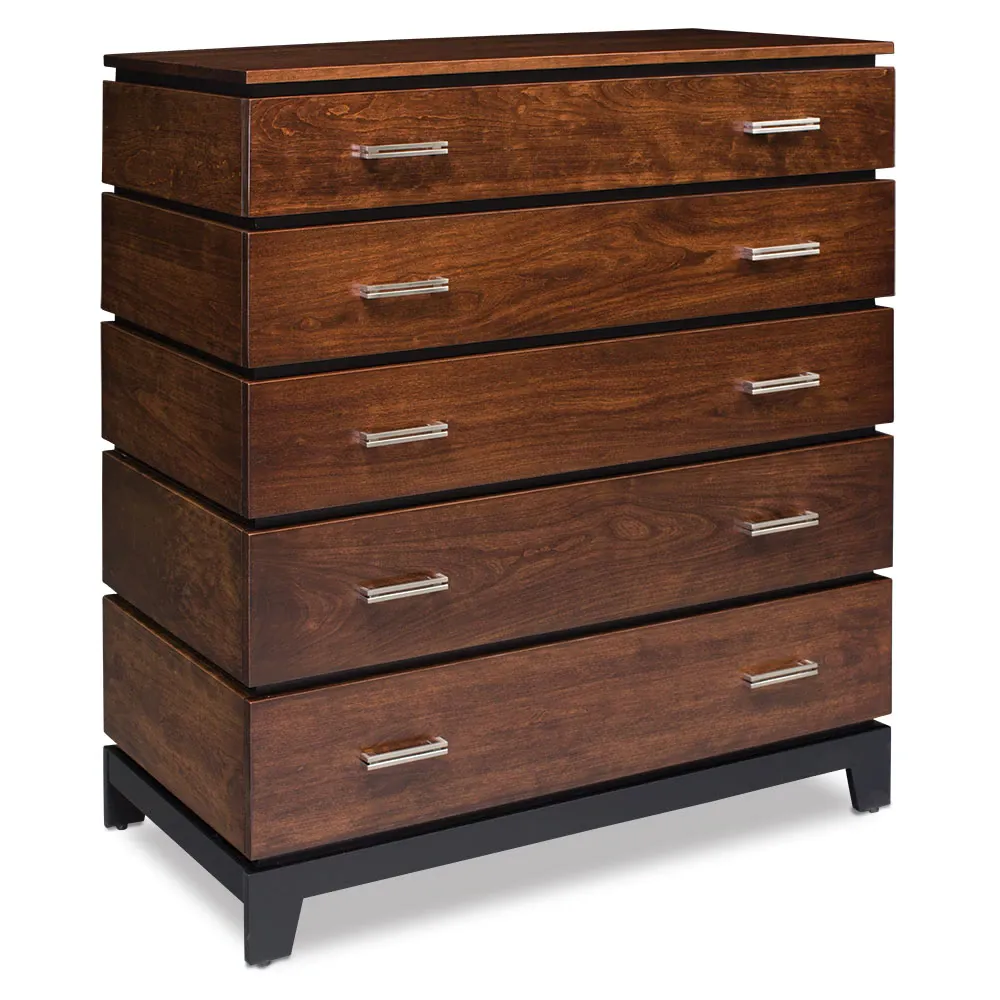 A wooden chest of drawers with metal handles on a white background.