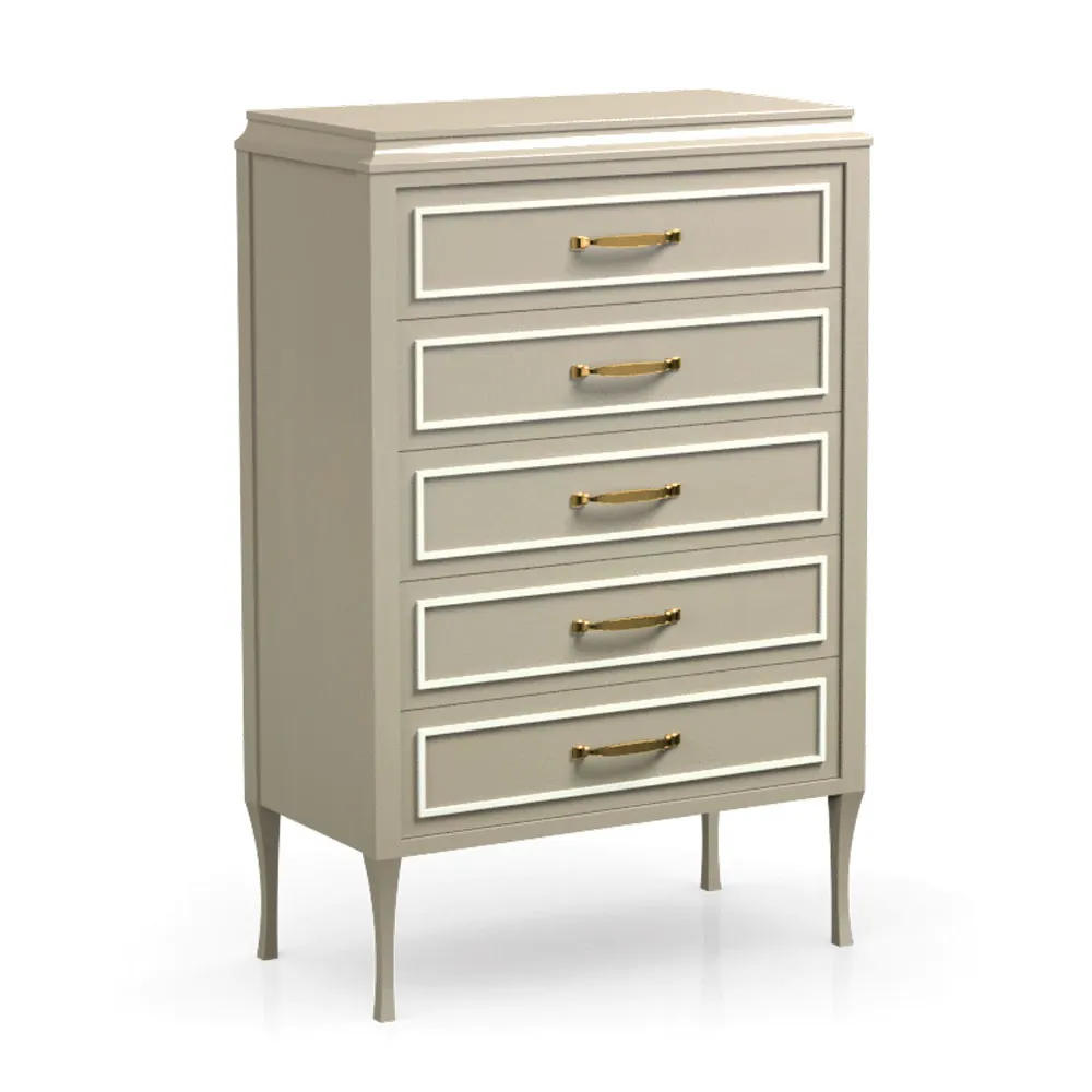 A tall dresser with five drawers and gold handles on a white background.