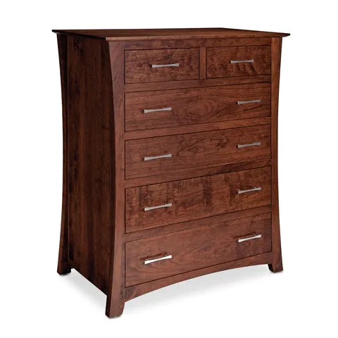 A wooden chest of drawers with five drawers on a white background.