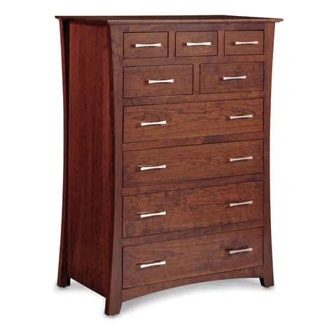 A wooden chest of drawers with white handles on a white background