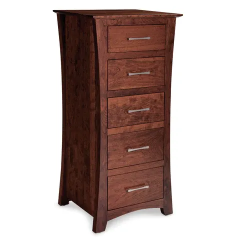 A wooden chest of drawers with five drawers on a white background