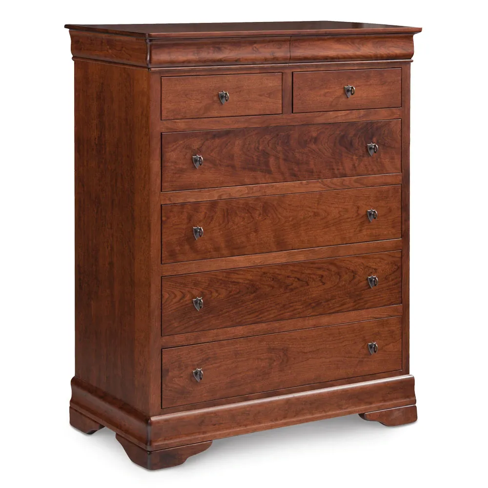 A wooden chest of drawers with a white background