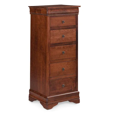 A tall wooden dresser with five drawers on a white background