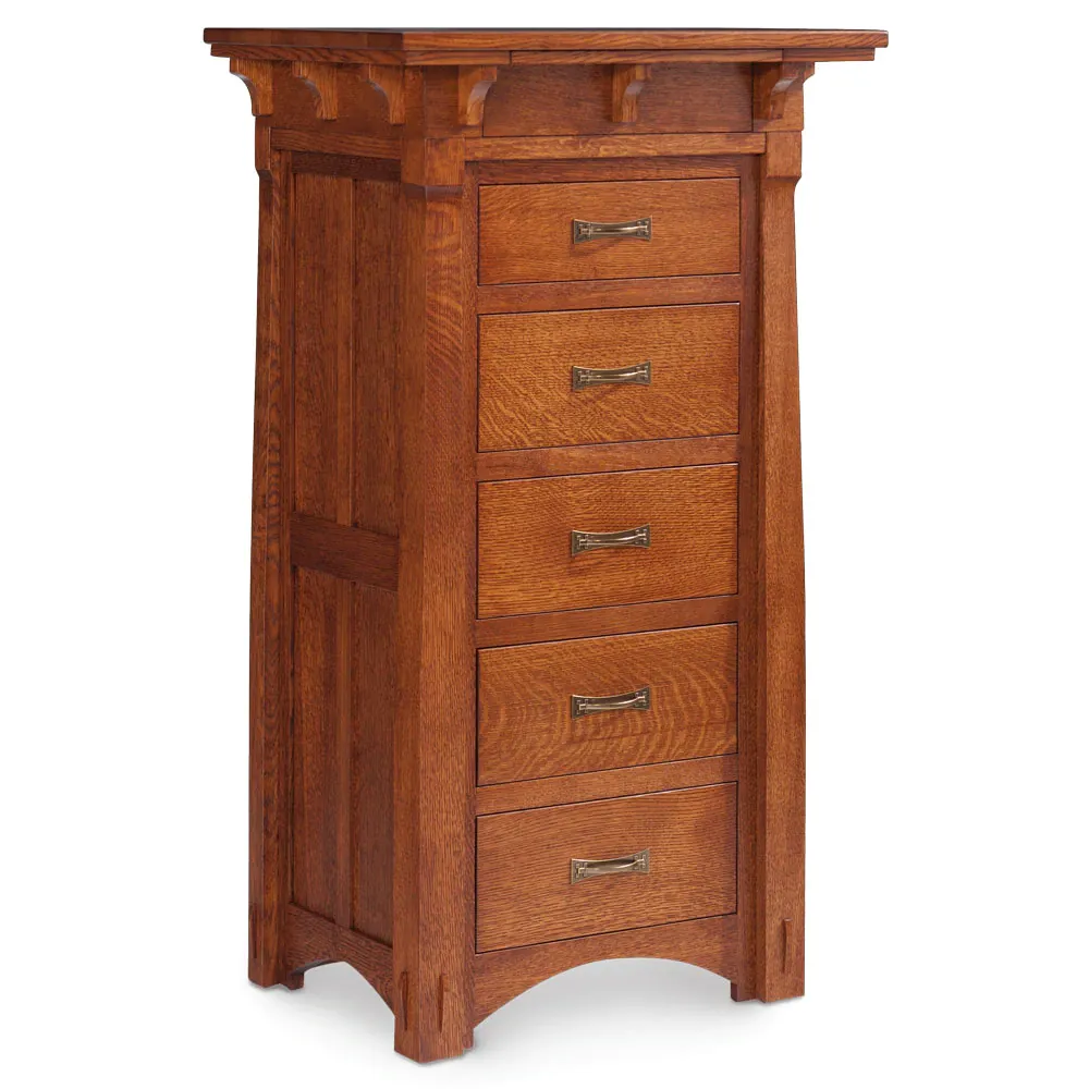 A wooden chest of drawers with five drawers on a white background