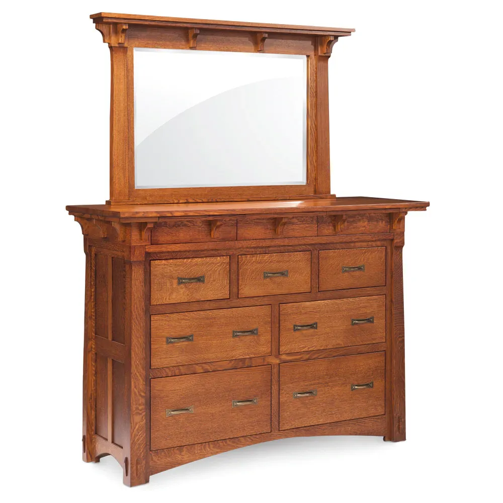 A wooden dresser with drawers and a mirror on top