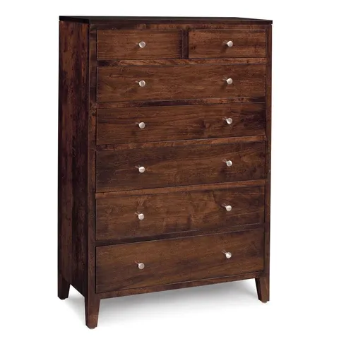 A wooden chest of drawers with a white background