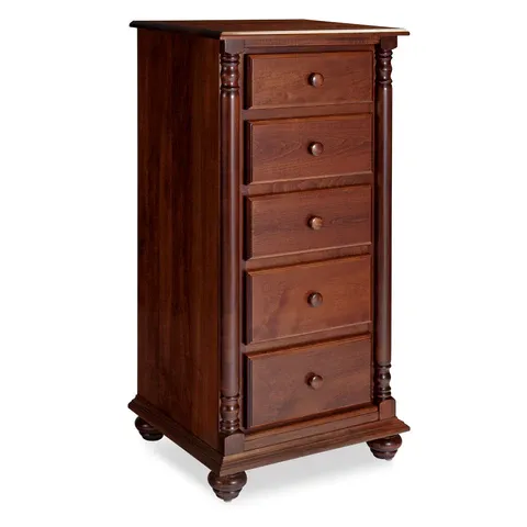 A wooden chest of drawers with five drawers on a white background