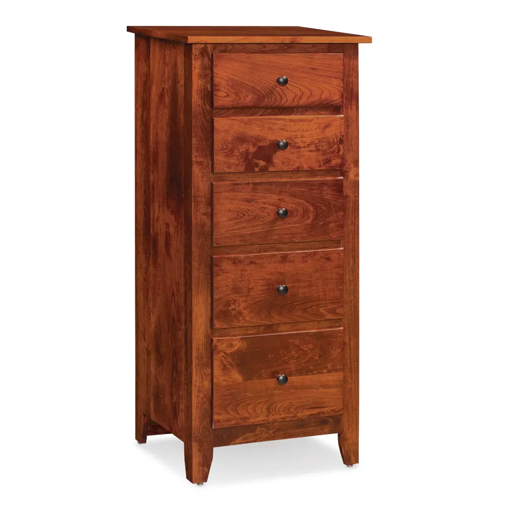 A wooden chest of drawers with five drawers on a white background