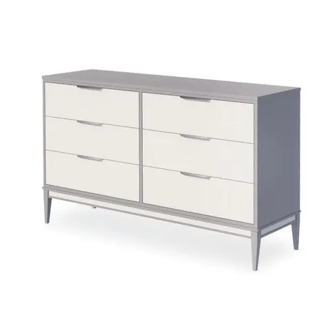 A grey and white dresser with six drawers on a white background.