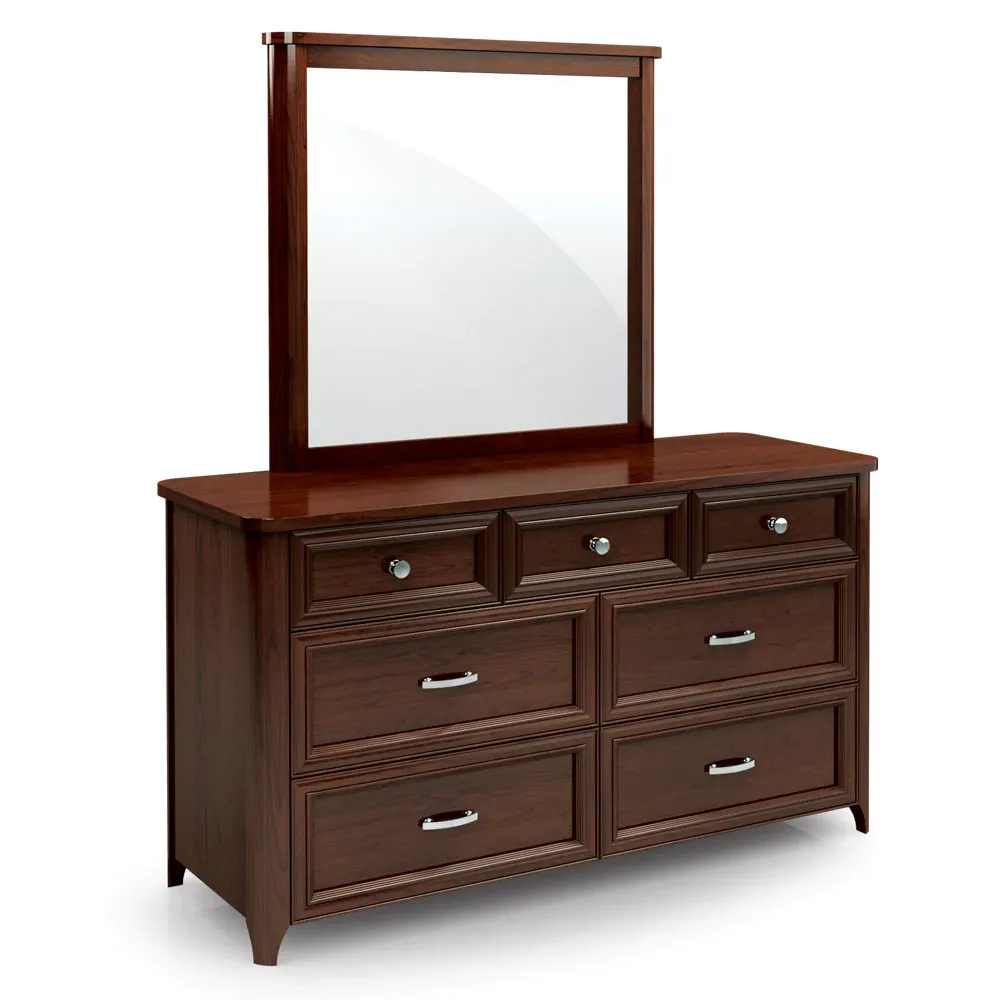 A dresser with drawers and a mirror on top of it