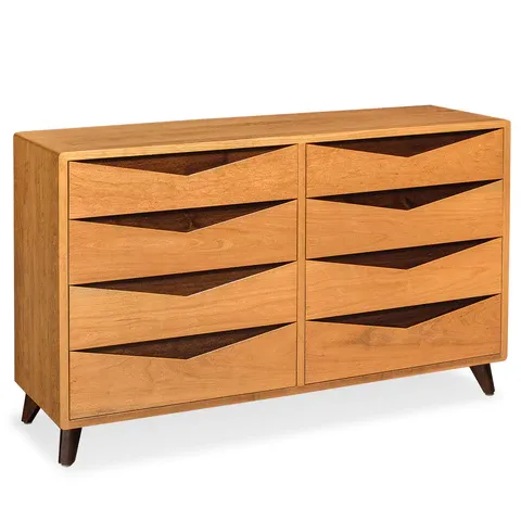 A wooden dresser with six drawers on a white background