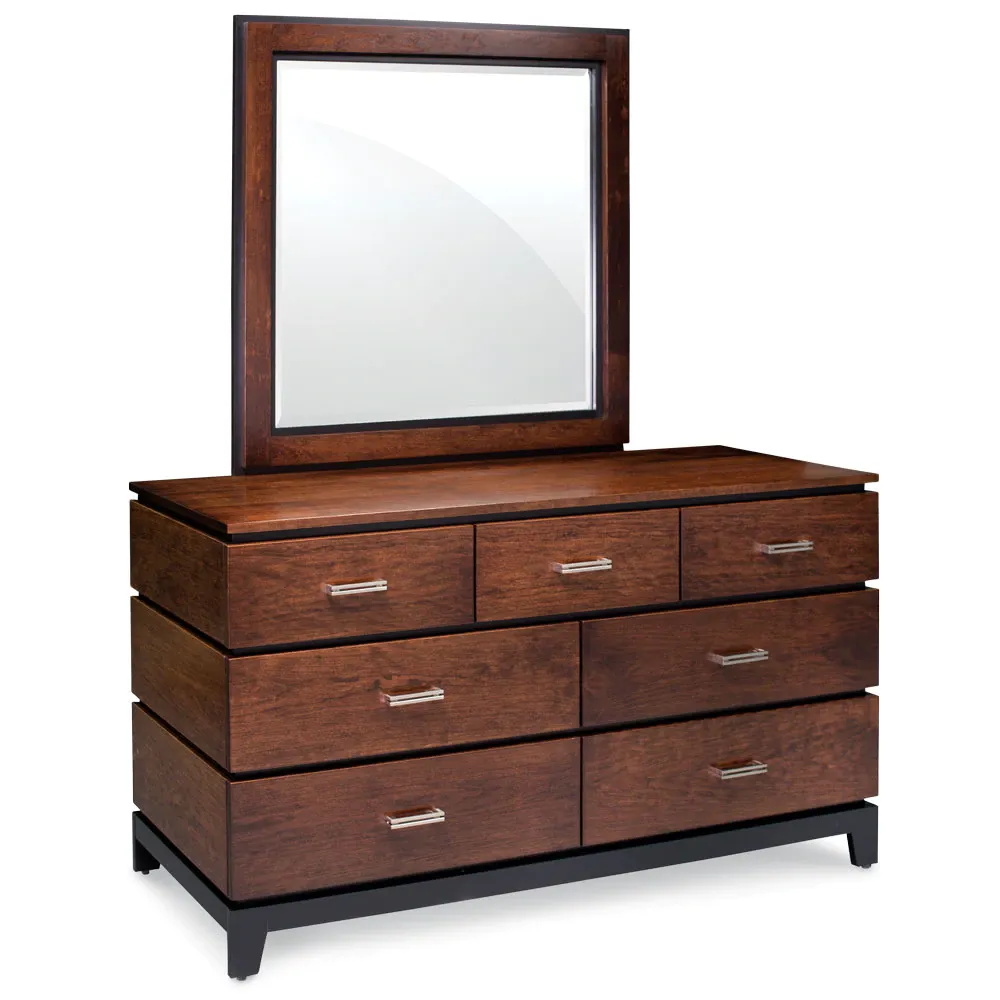 A dresser with drawers and a mirror on top of it
