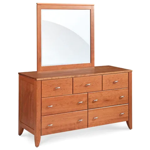 A wooden dresser with drawers and a mirror on top of it.
