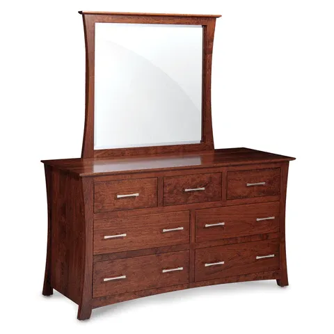 A wooden dresser with drawers and a mirror on top