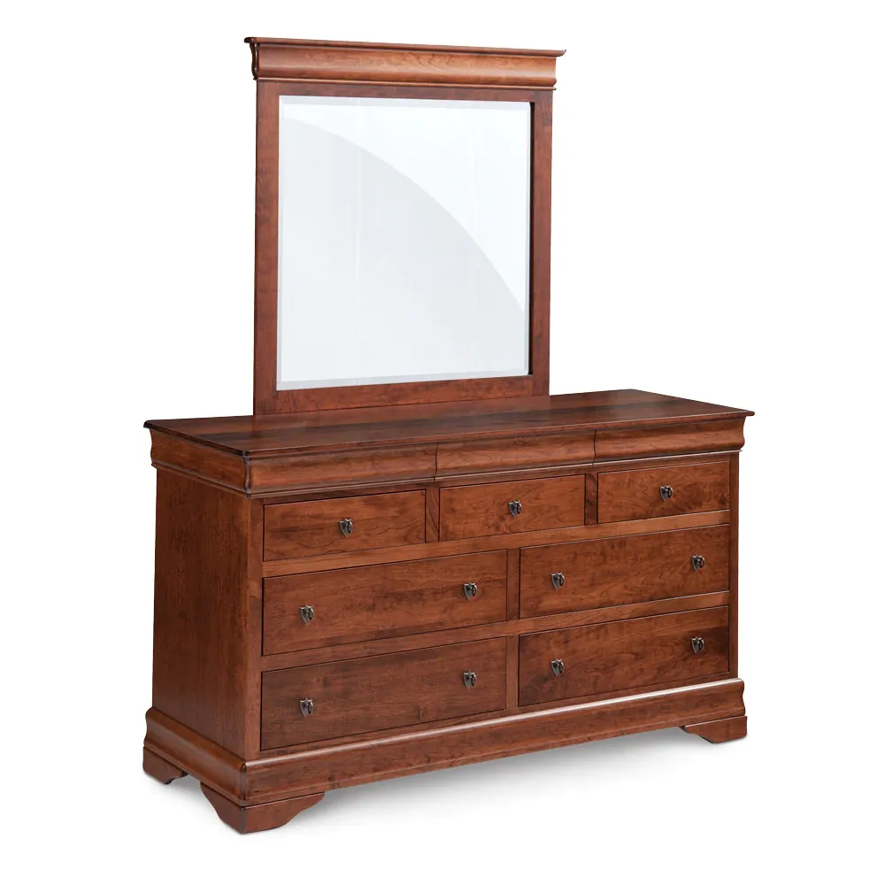 A wooden dresser with a mirror on top of it