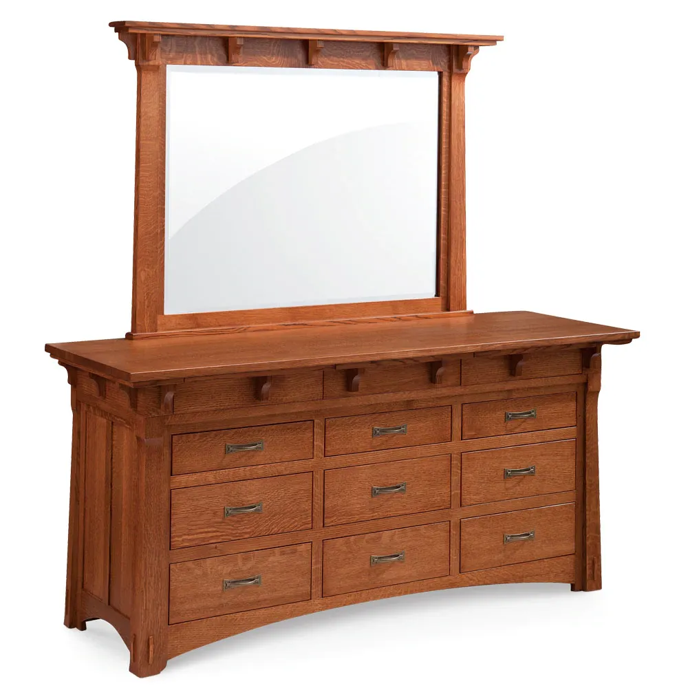 A wooden dresser with drawers and a mirror on top