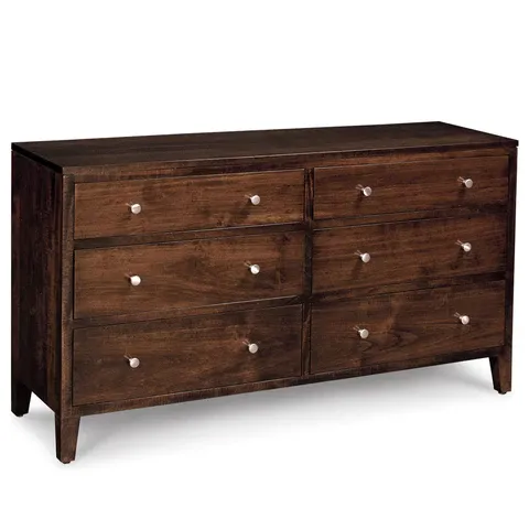 A wooden dresser with six drawers on a white background.