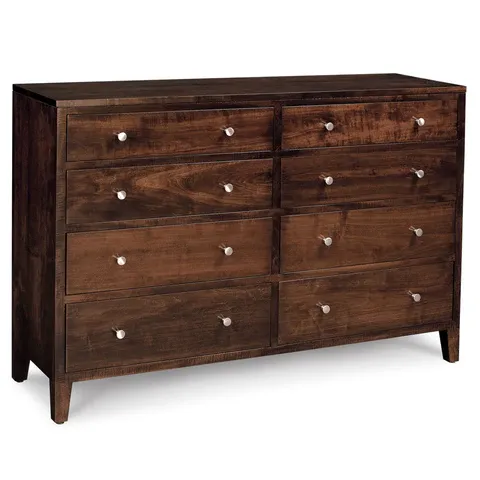 A wooden dresser with eight drawers on a white background.