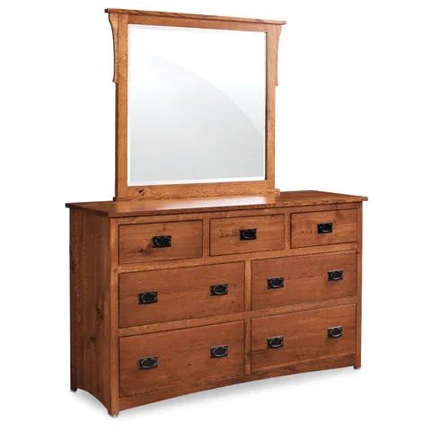 A wooden dresser with drawers and a mirror on top of it.