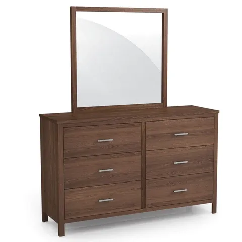 A wooden dresser with drawers and a mirror on top of it.