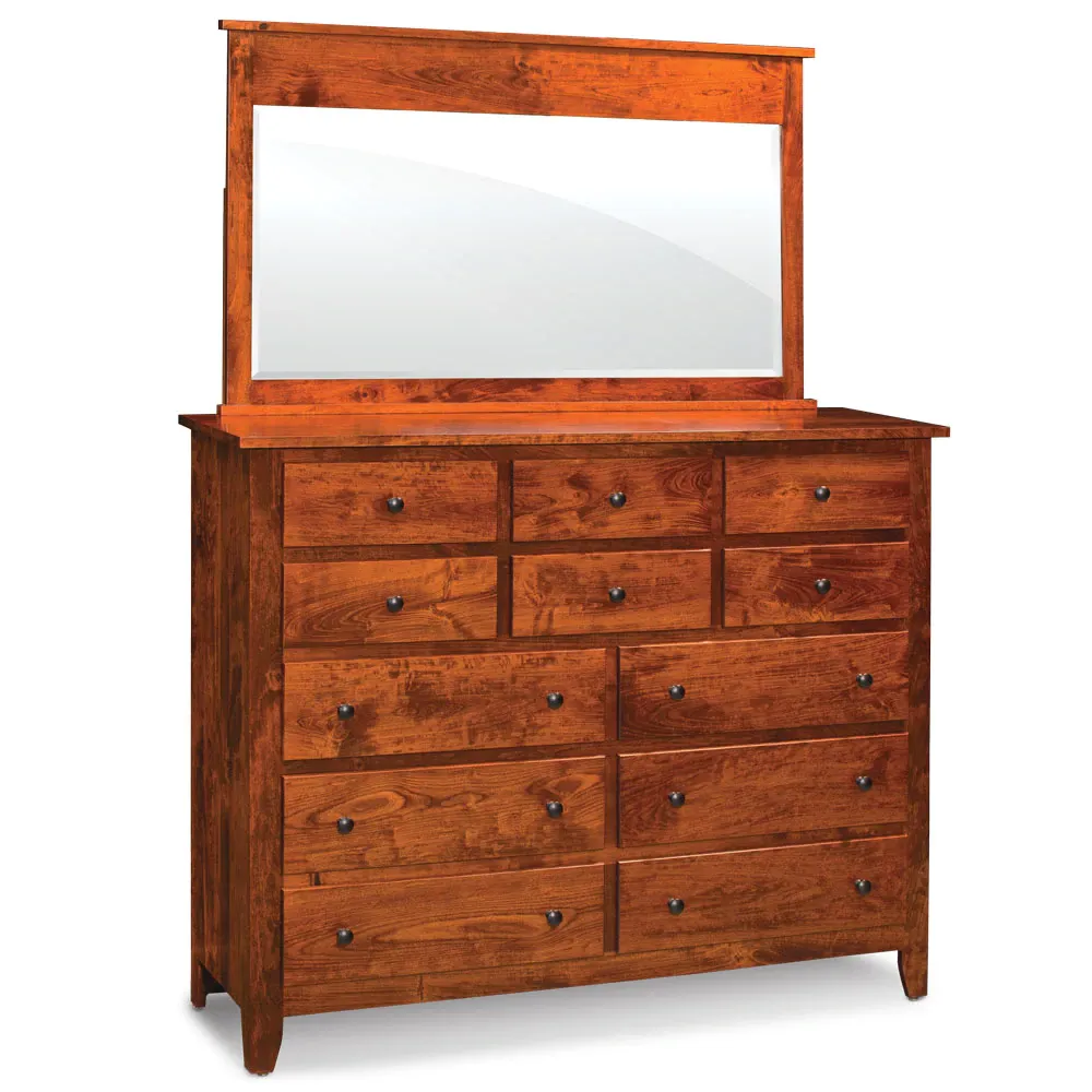 A wooden dresser with drawers and a mirror on top