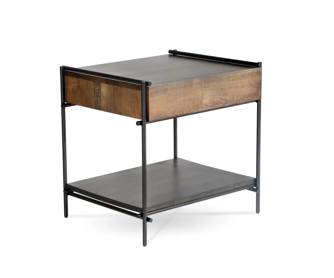 A small table with a drawer and a shelf on a white background.