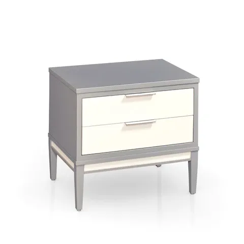 A gray and white nightstand with two drawers on a white background.