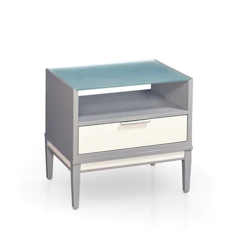 A small nightstand with a glass top and a drawer.