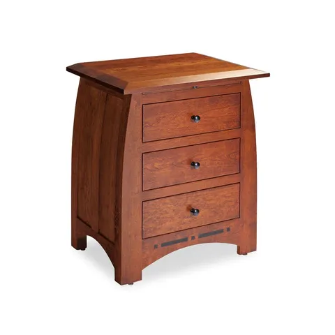 A small wooden nightstand with three drawers on a white background