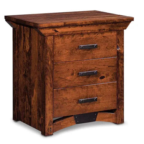 A wooden nightstand with three drawers on a white background