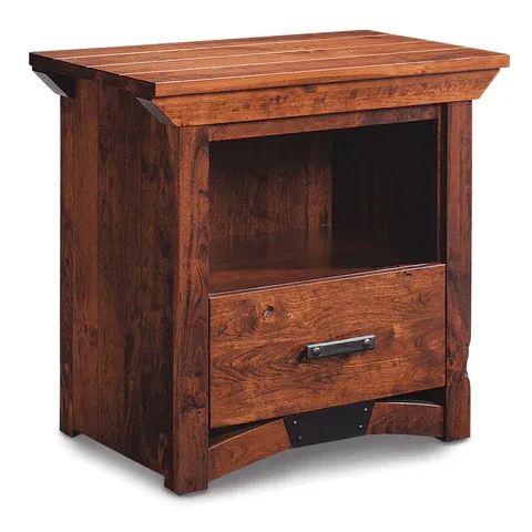 A wooden nightstand with a drawer and a shelf