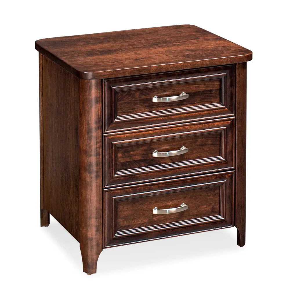 A wooden nightstand with three drawers on a white background.