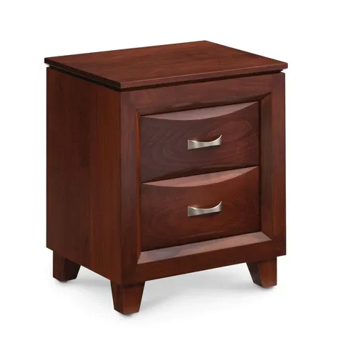 A wooden nightstand with two drawers on a white background