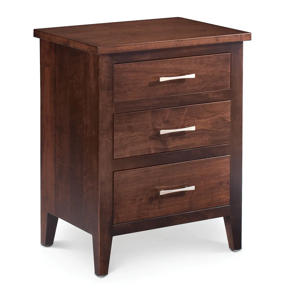 A wooden nightstand with three drawers on a white background