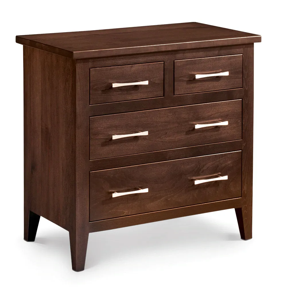 A wooden chest of drawers with white handles on a white background