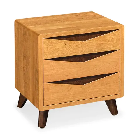 A small wooden nightstand with three drawers on a white background