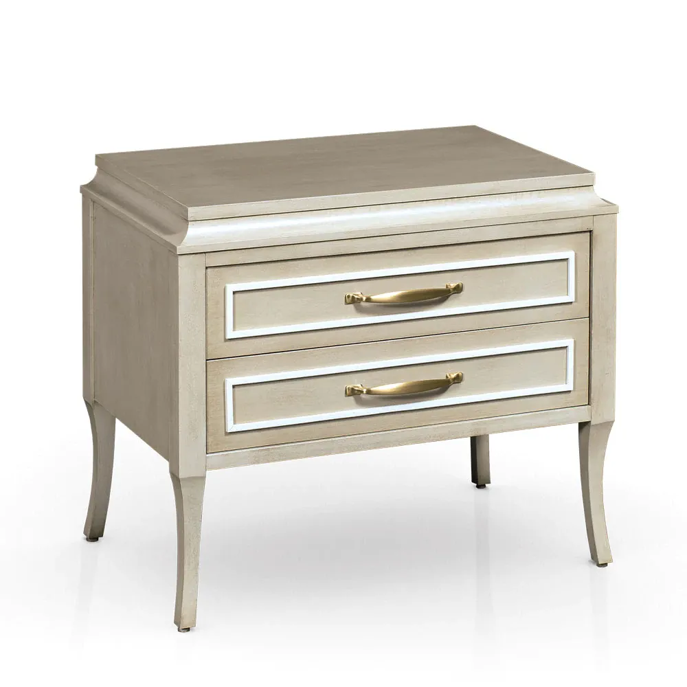 A nightstand with two drawers and brass handles on a white background.