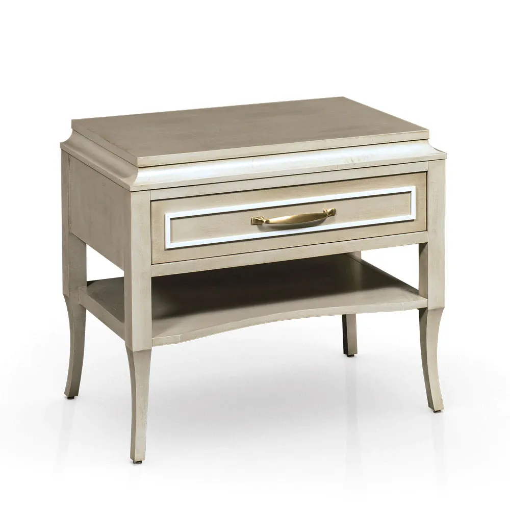 A nightstand with a drawer and a shelf on a white background.