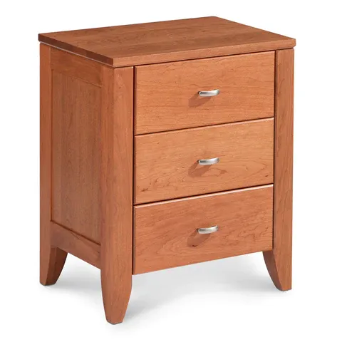 A small wooden nightstand with three drawers on a white background
