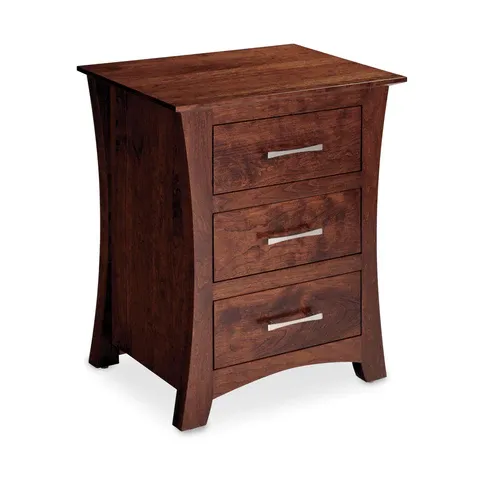 A wooden nightstand with three drawers on a white background