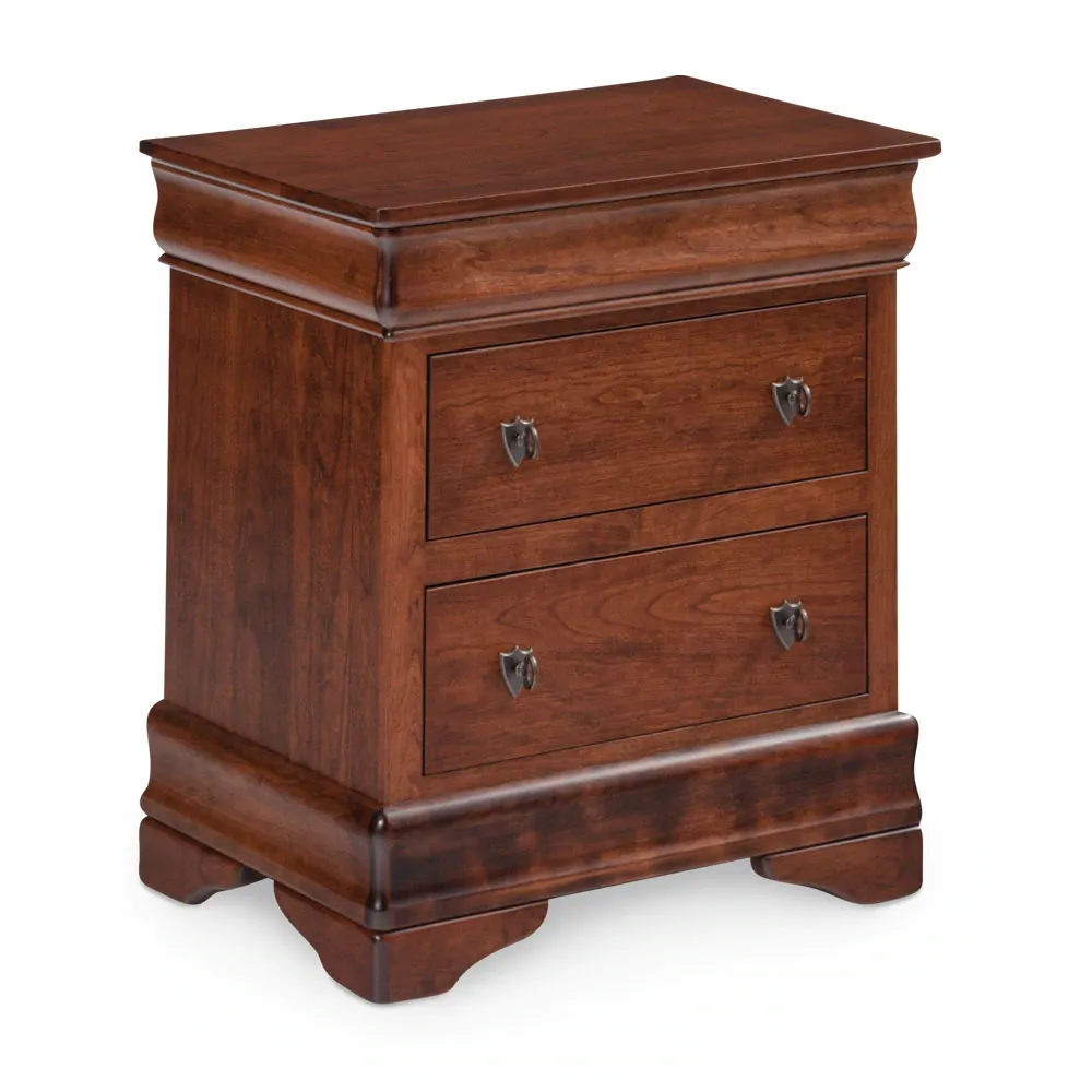 A wooden nightstand with two drawers on a white background