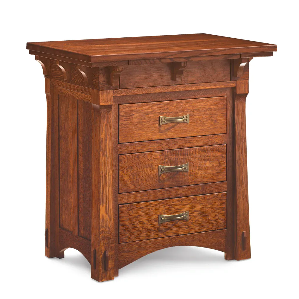 A wooden nightstand with three drawers on a white background