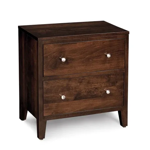 A small wooden nightstand with two drawers on a white background.