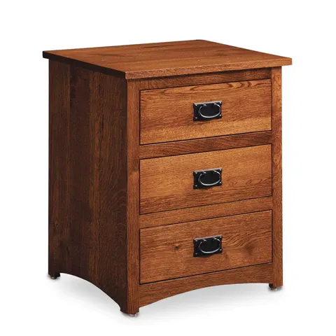 A wooden nightstand with three drawers on a white background