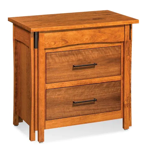 A wooden nightstand with two drawers on a white background