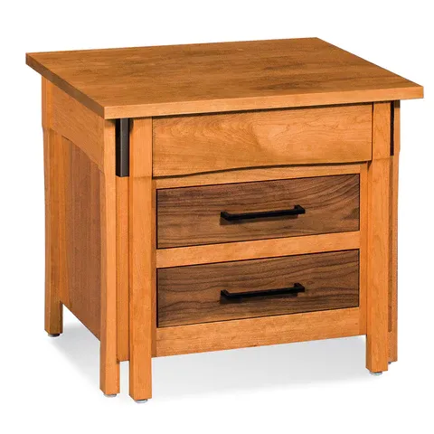 A small wooden table with two drawers on it