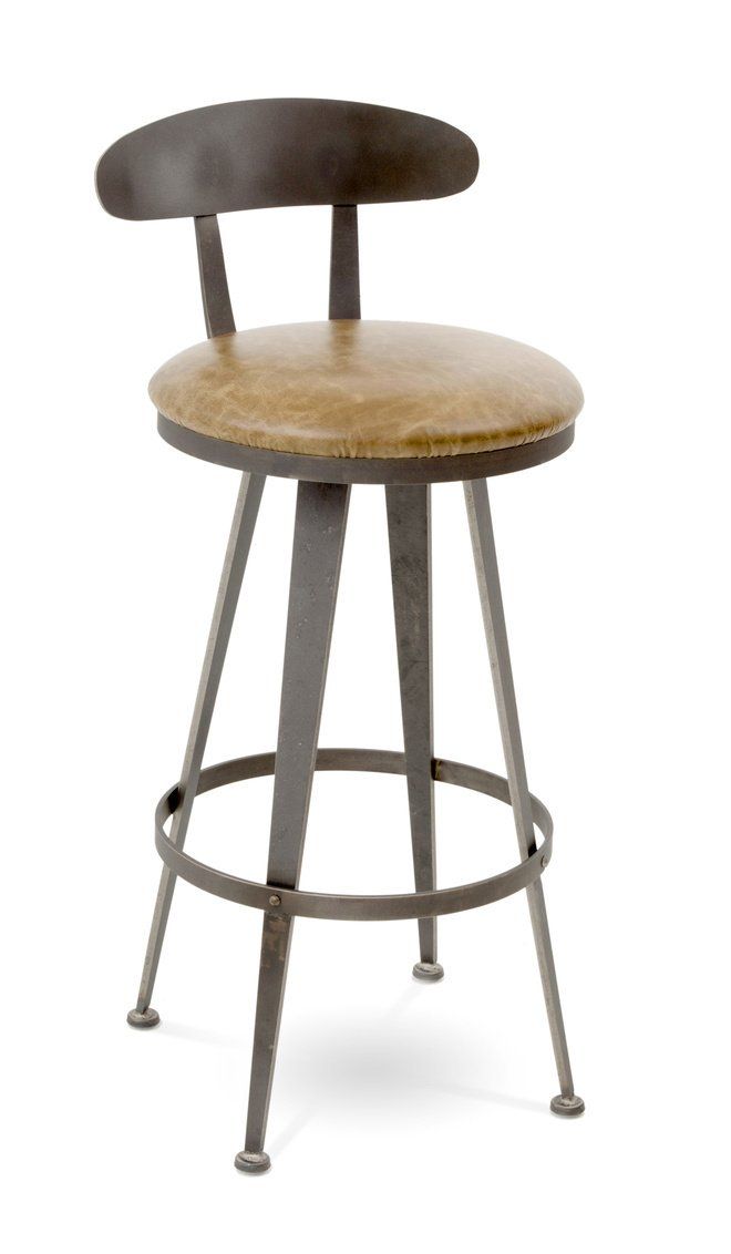 A bar stool with a wooden seat and back on a white background.